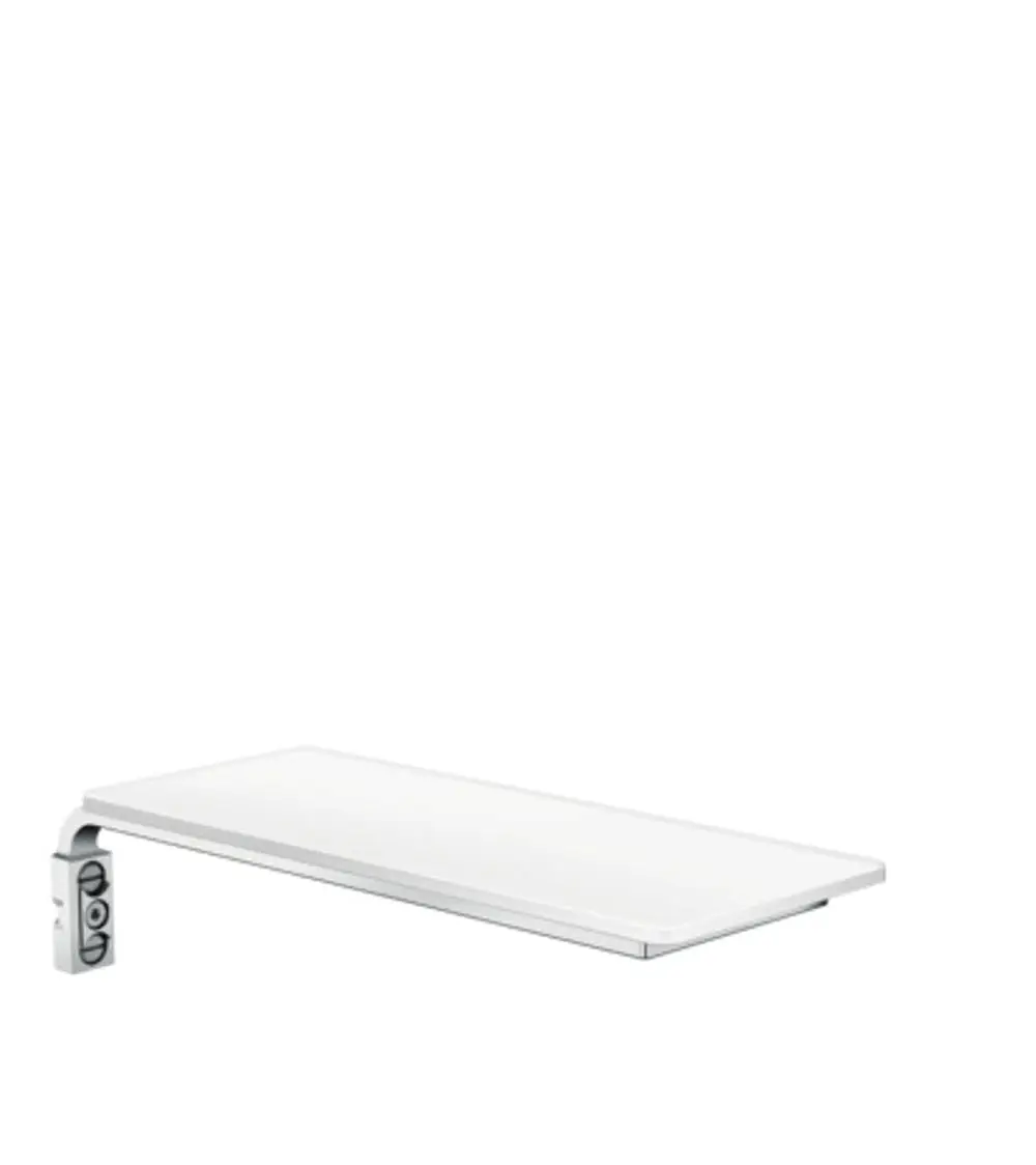 Hansgrohe Ablage mit flacher, weißer Oberfläche und chromfarbenem Halter. Die Lösung für eine stilvolle Wandmontage in Badezimmer oder Küche.
